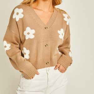 Khaki Knit Floral Button Up Cardigan